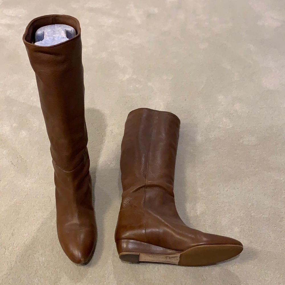 Loeffler Randall knee-hi leather boots 7 1/2B, 1 inch wedge heel.